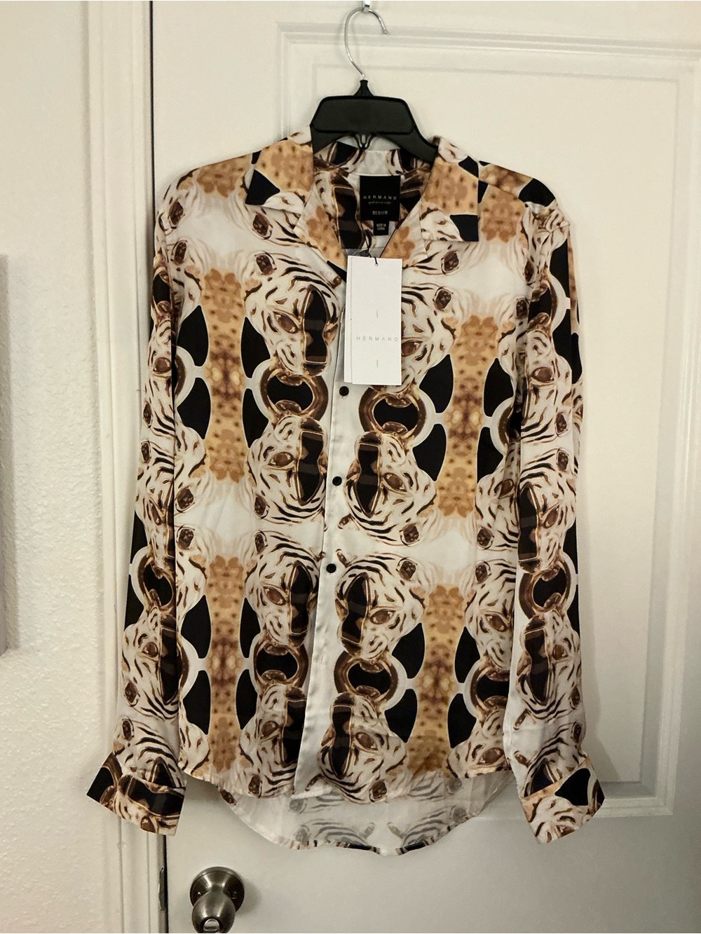 Hermano Men’s Tiger Chain Baroque Print 100% Polyester Shirt M NWT